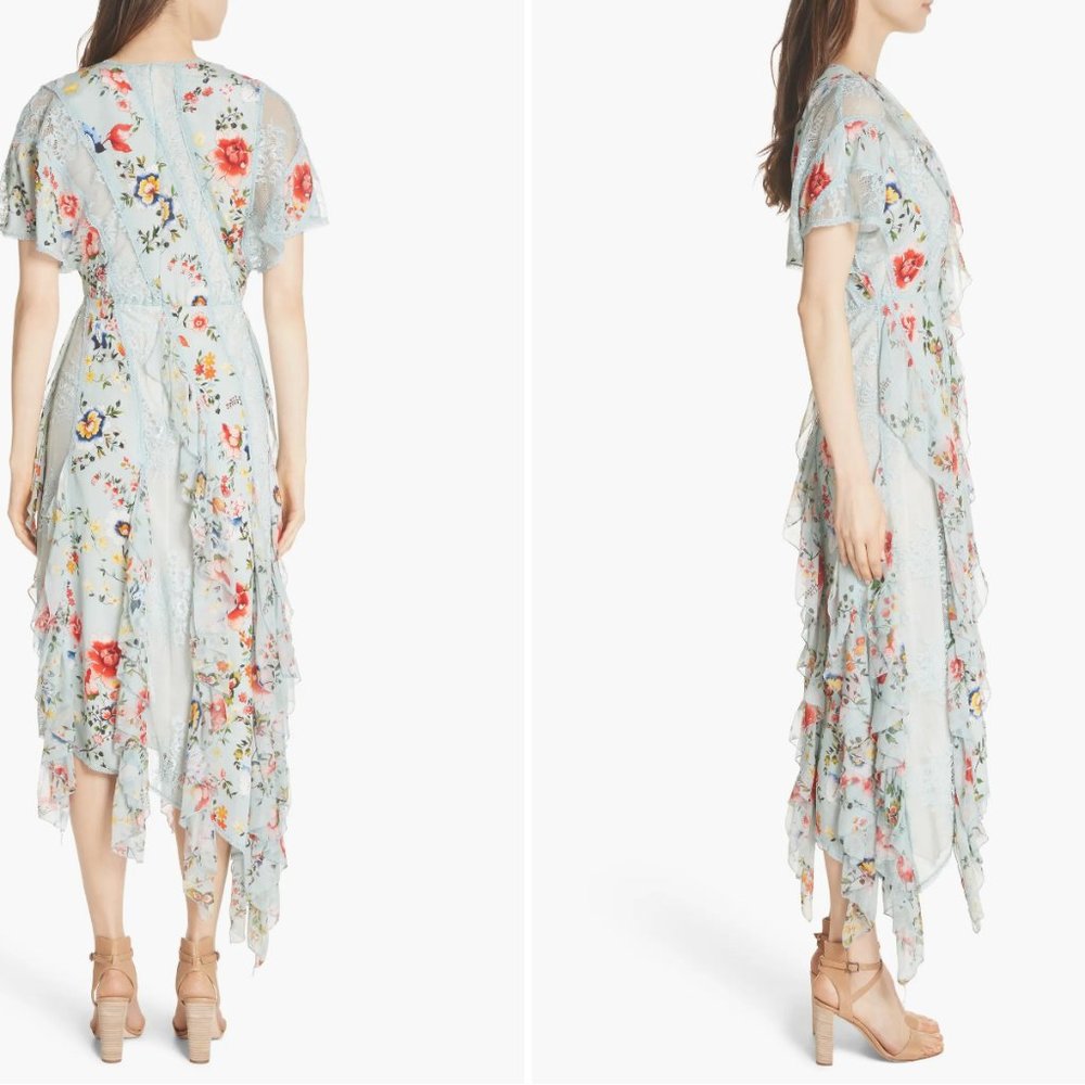 NWT Alice + Olivia Kadence Ruffled Silk & Lace Midi-Dress